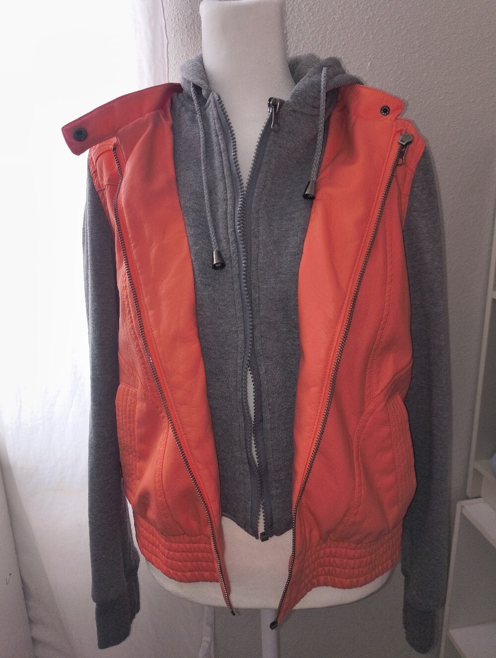 Y2K Wet Seal Orange Faux-Leather Vest with Gray Hoodie Layer